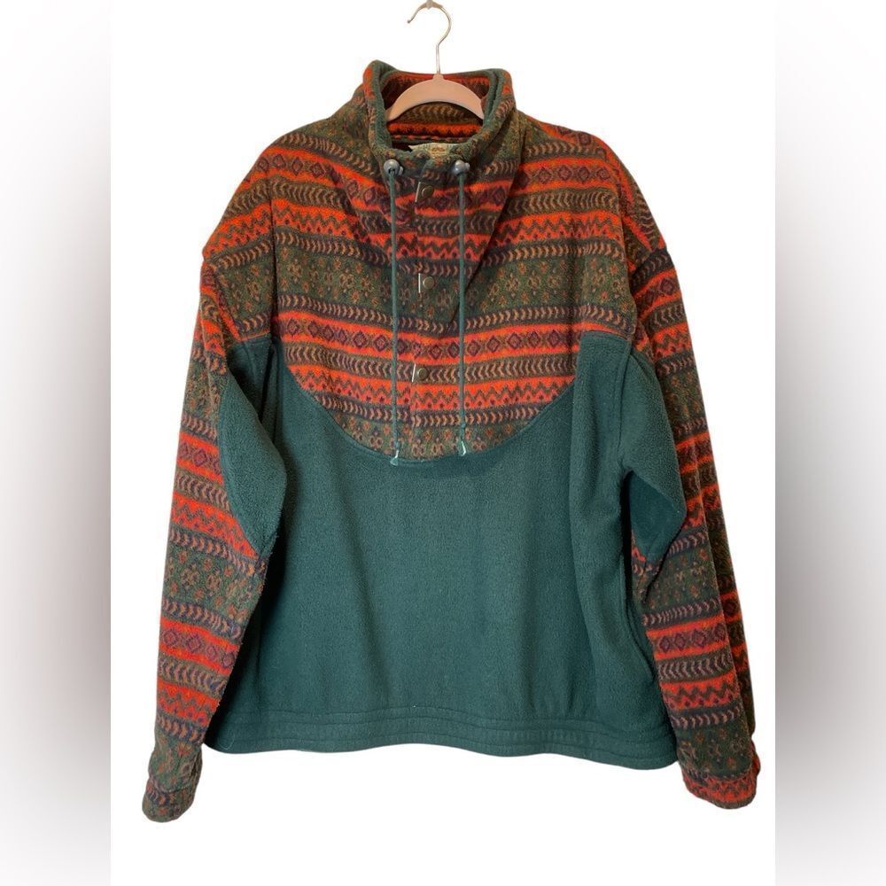 EMS Vintage 90s Geometric Fleece Cozy Green and Red Patterned Pullover Size XL
